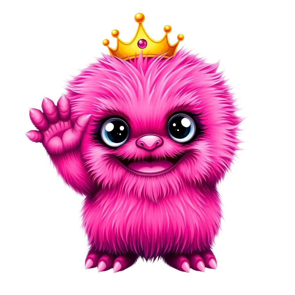 Pink furry monster in a gold crown waving hello