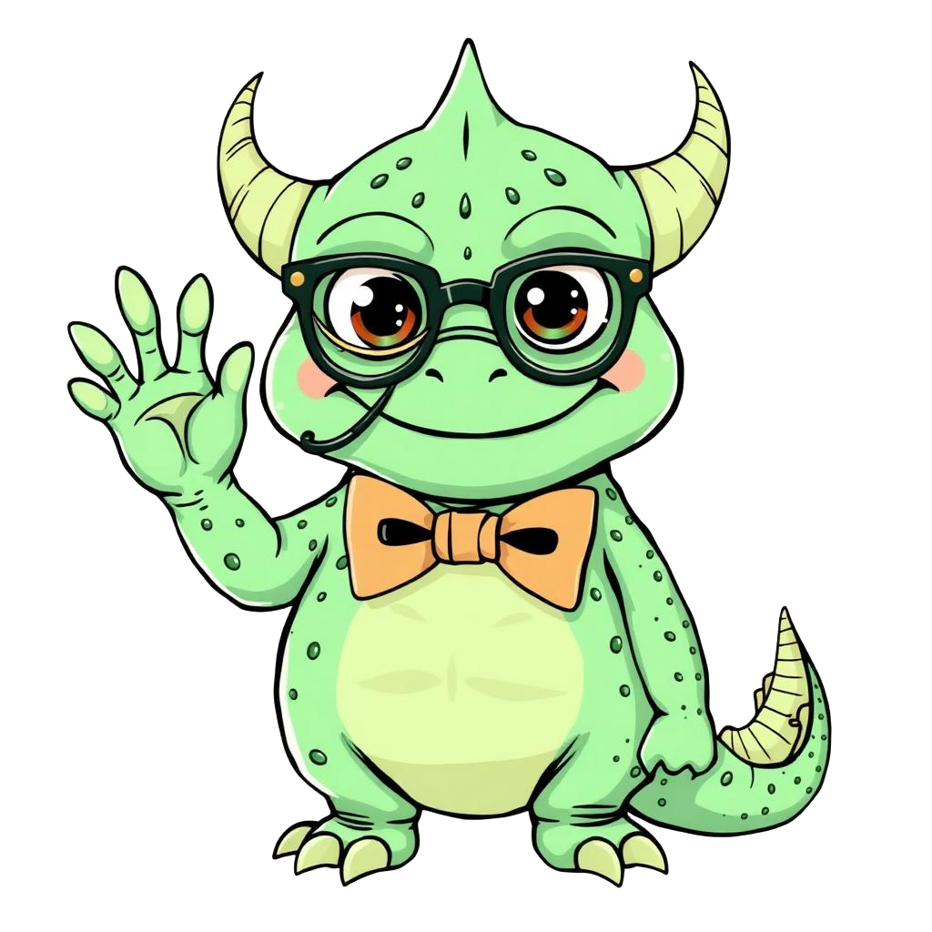 Mint green scaly monster with a monocle waving hello