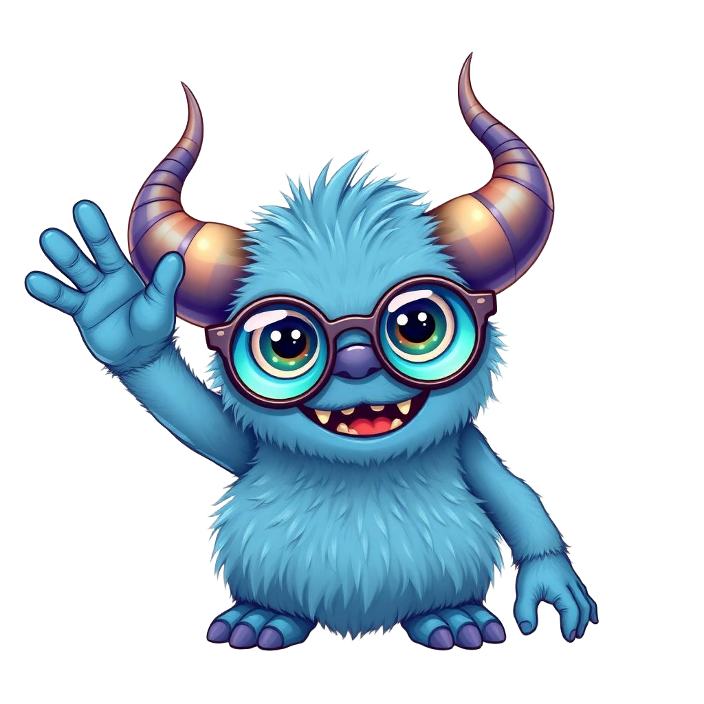Blue horned monster in round glasses waving hello