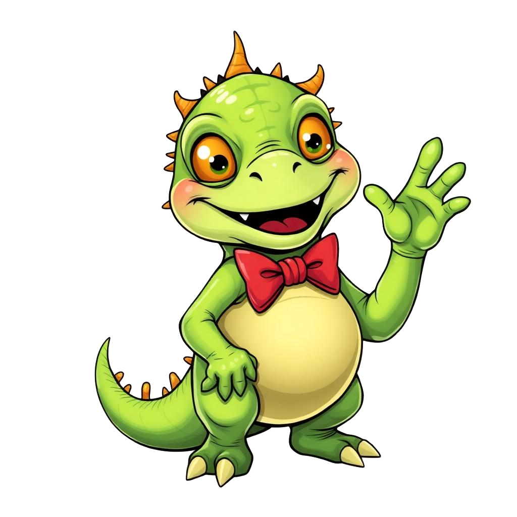 Green scaly monster with a red bow tie waving hello