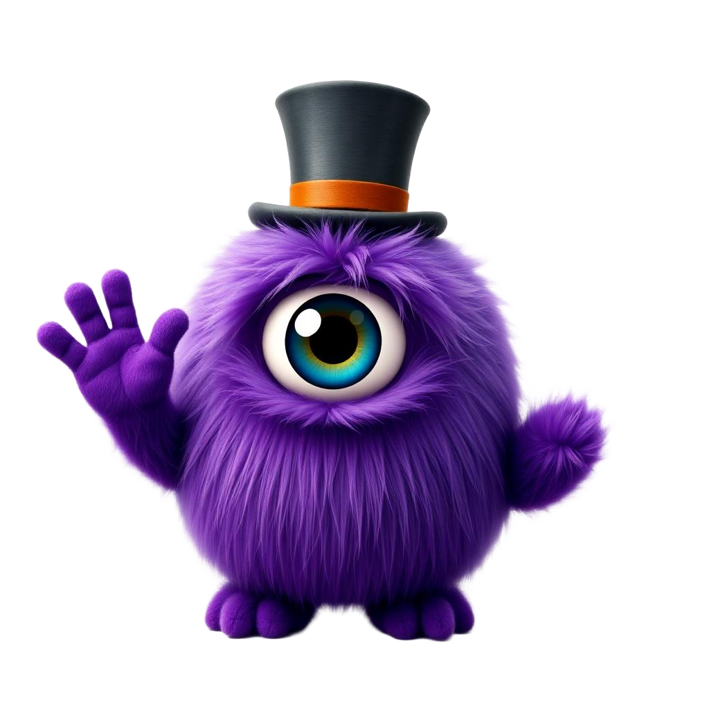 Purple one-eyed monster in a top hat waving hello