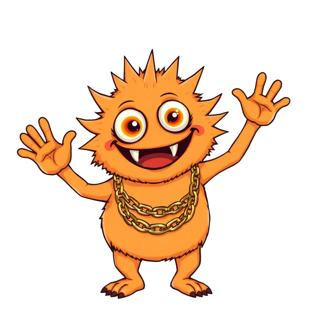 Orange spiky monster with a gold chain waving hello