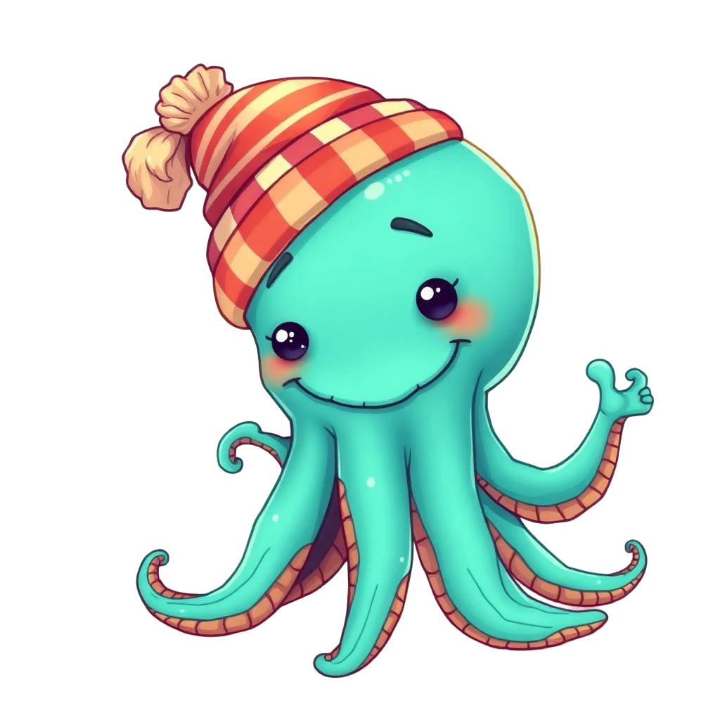 Turquoise tentacled monster in a striped beanie waving hello