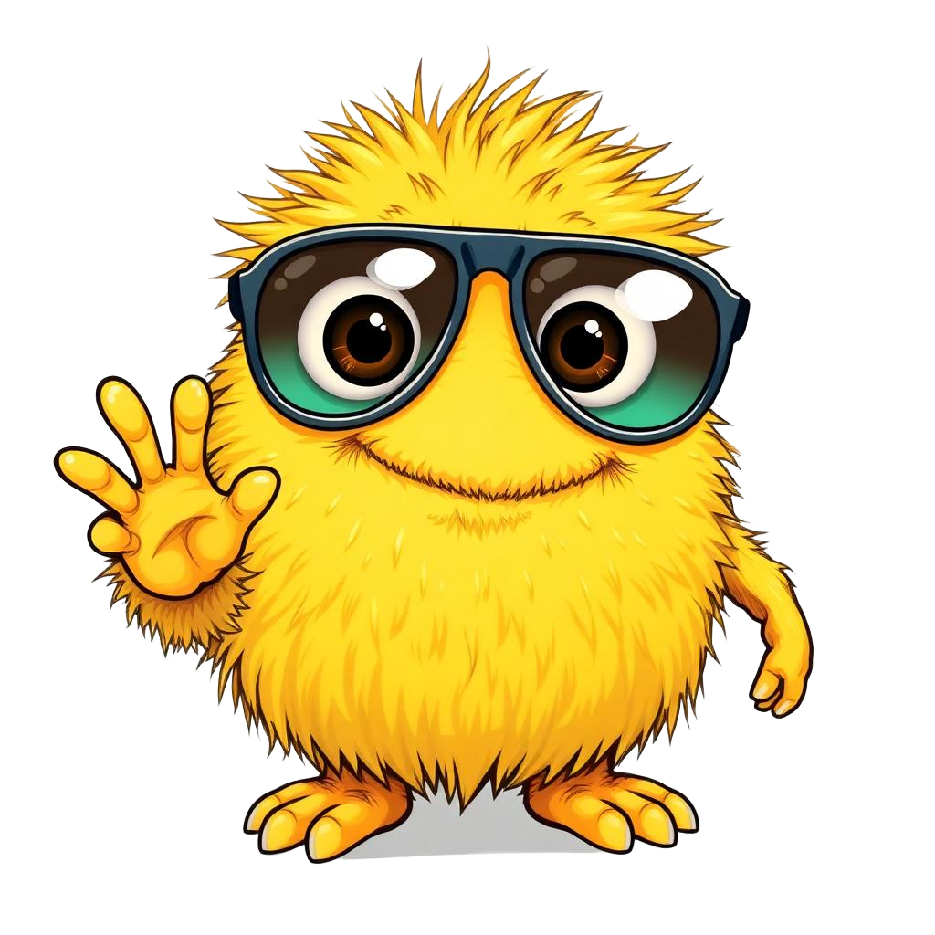 Yellow fluffy monster in aviator sunglasses waving hello