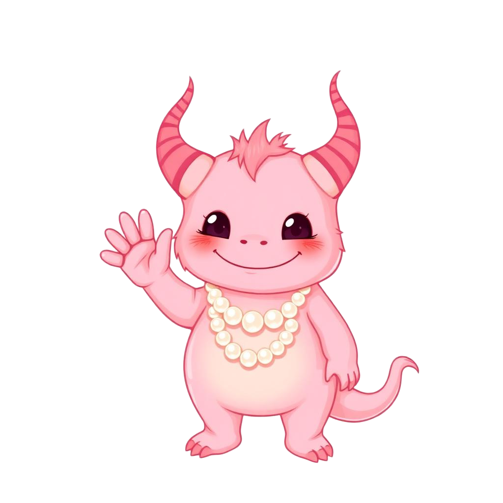 Coral pink horned monster with pearl necklace waving hello