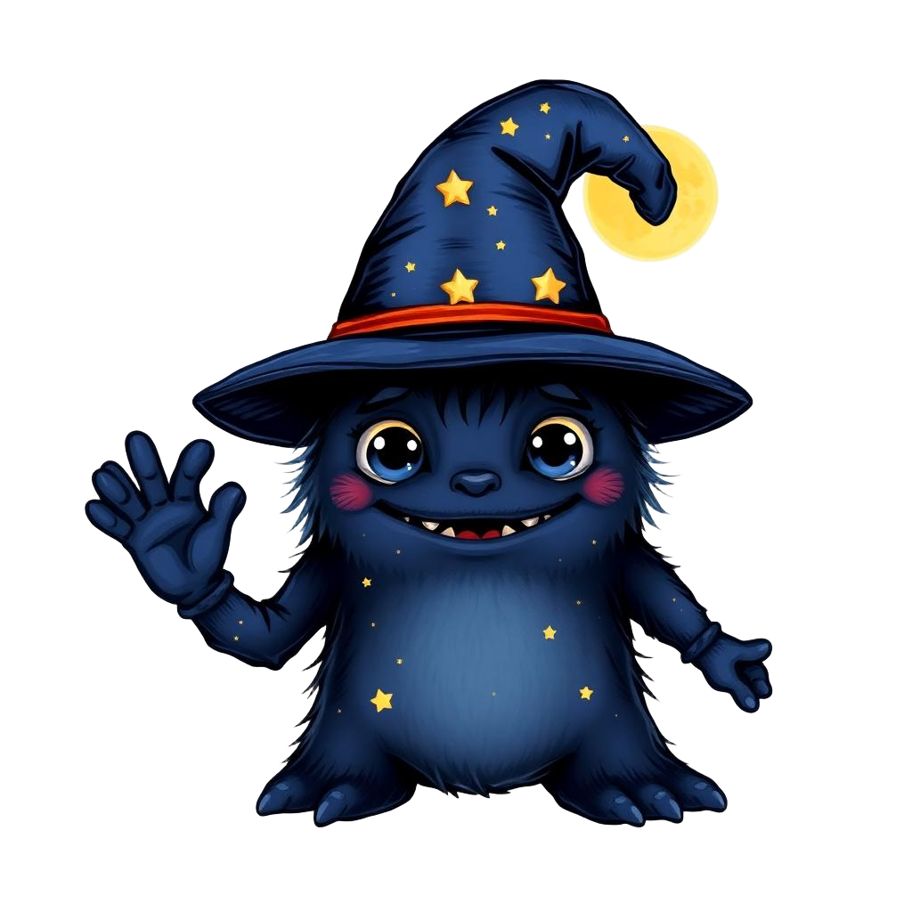 Indigo starry monster in a wizard hat waving hello